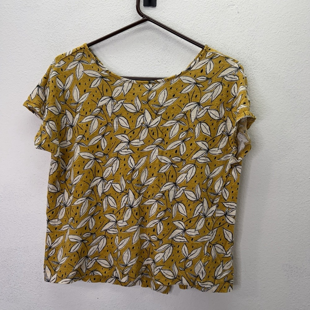 Rachel Zoe 100% Linen Top Womens M Yellow Floral Button Back Cottagecore Boxy